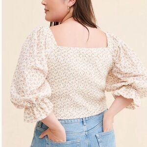 Anthropologie Smocked Square-Neck Puff Sleeve Top - Cream Floral